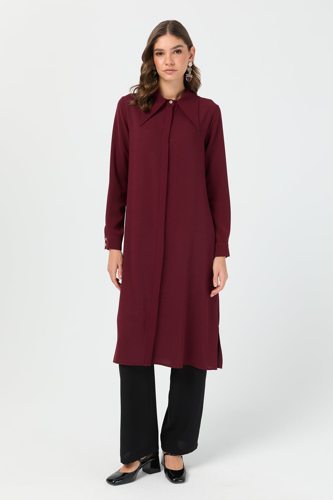 Çizgi Detaylı Geniş Yakalı Şık Tunik  Bordo