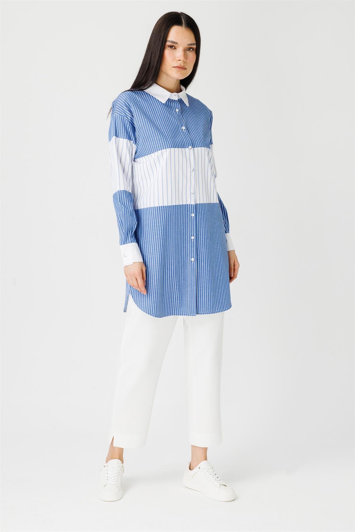 Çizgili Pamuk Kumaş Tunik  Mavi