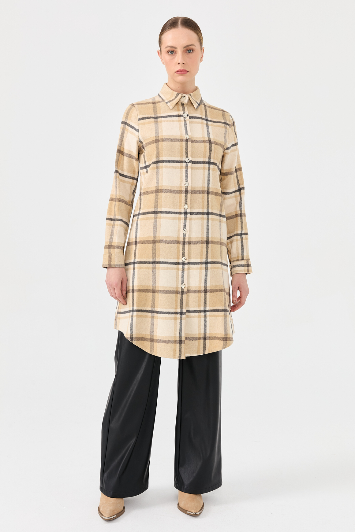 Ekose Desenli Country Tunik  Camel