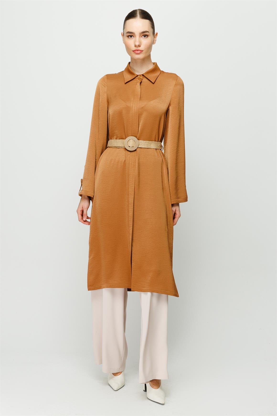 Fermuar Kapamalı Hasır Kemerli Kurtarıcı Tunik  Taba