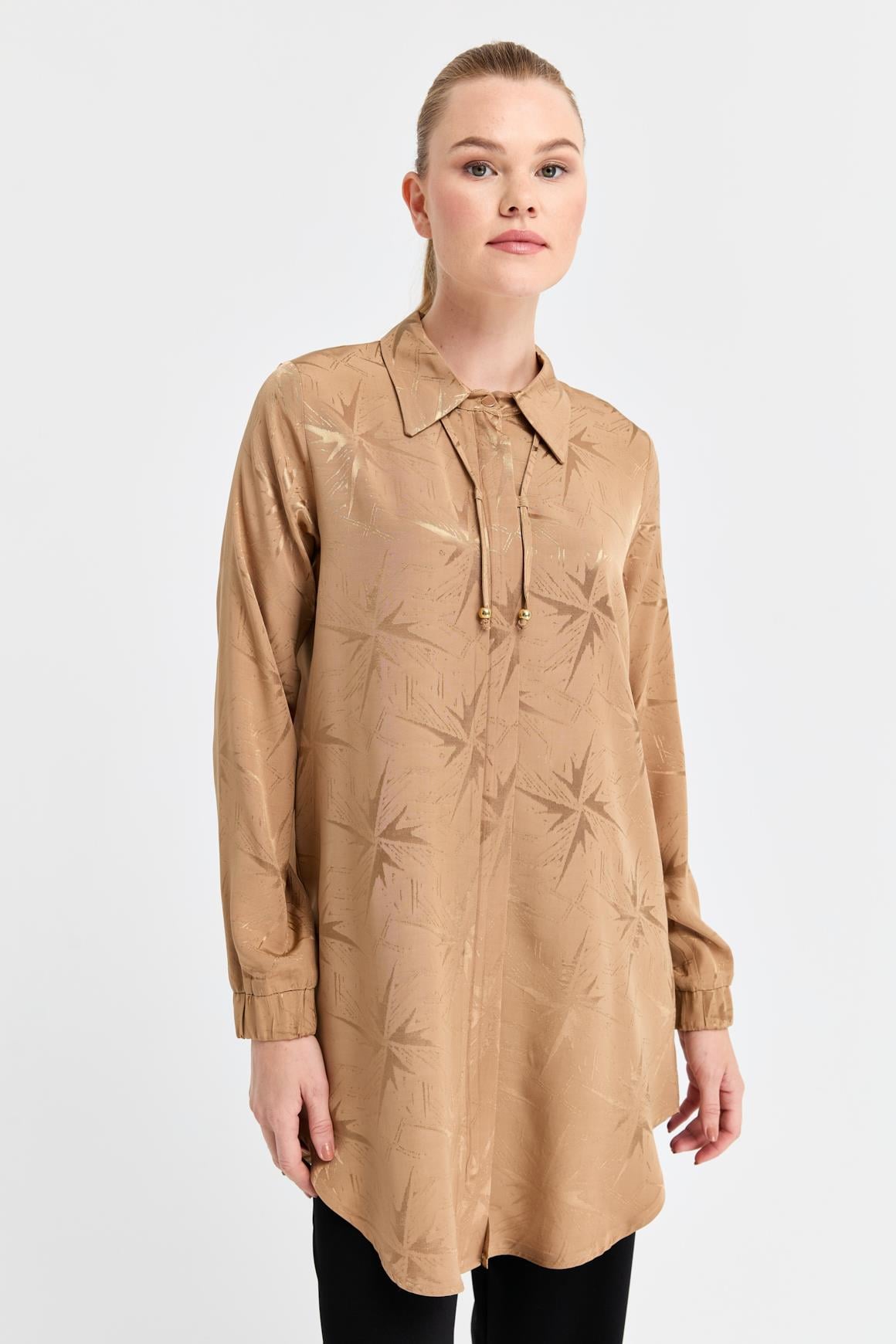 Floş Kumaş Kendinden Desenli Tunik  Camel