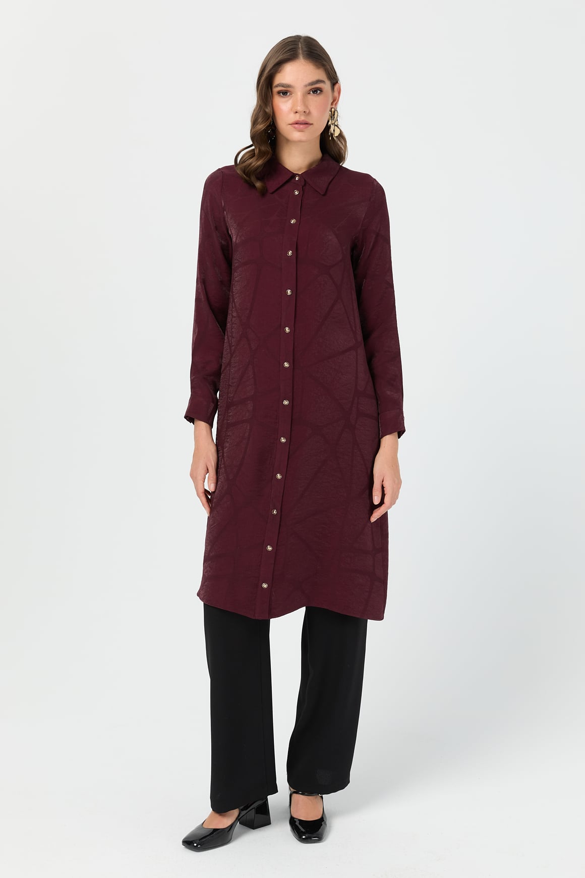 Kendinden Desenli Şık Tunik  Bordo
