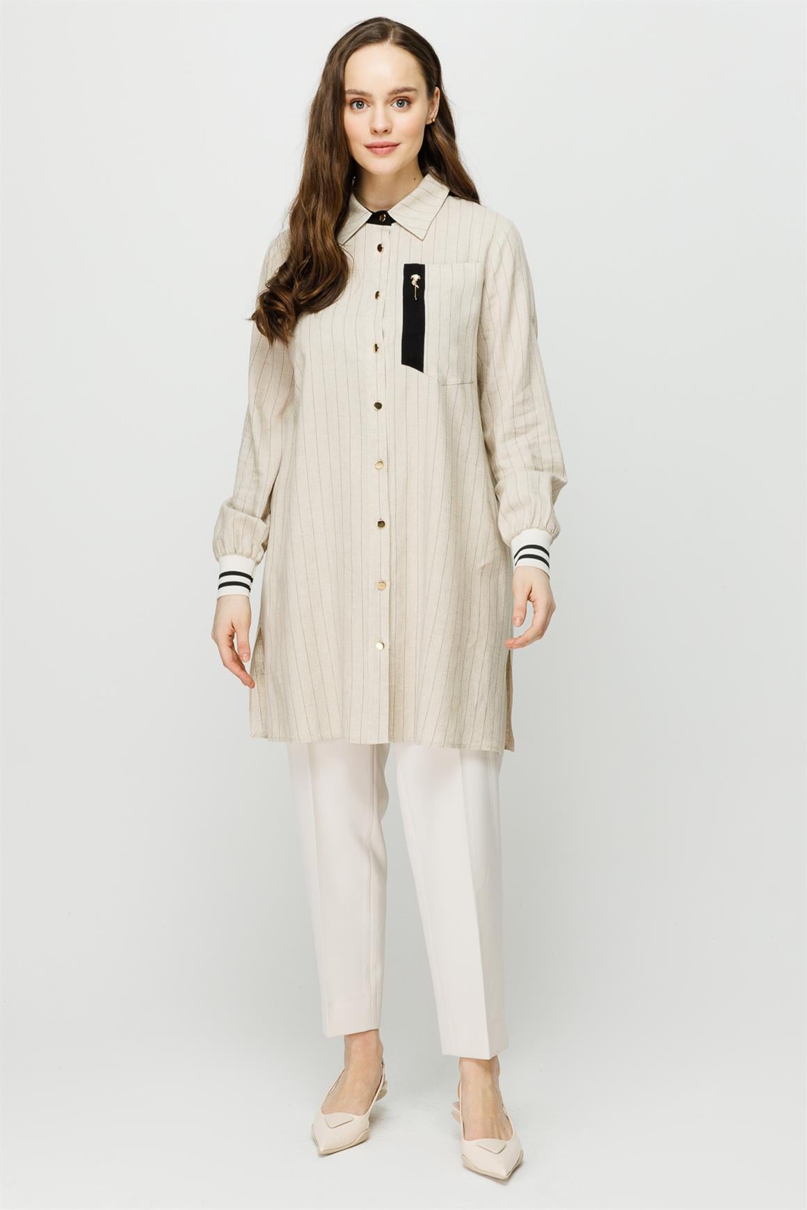 Önden Cepli Ribana Detaylı Tunik  Bej