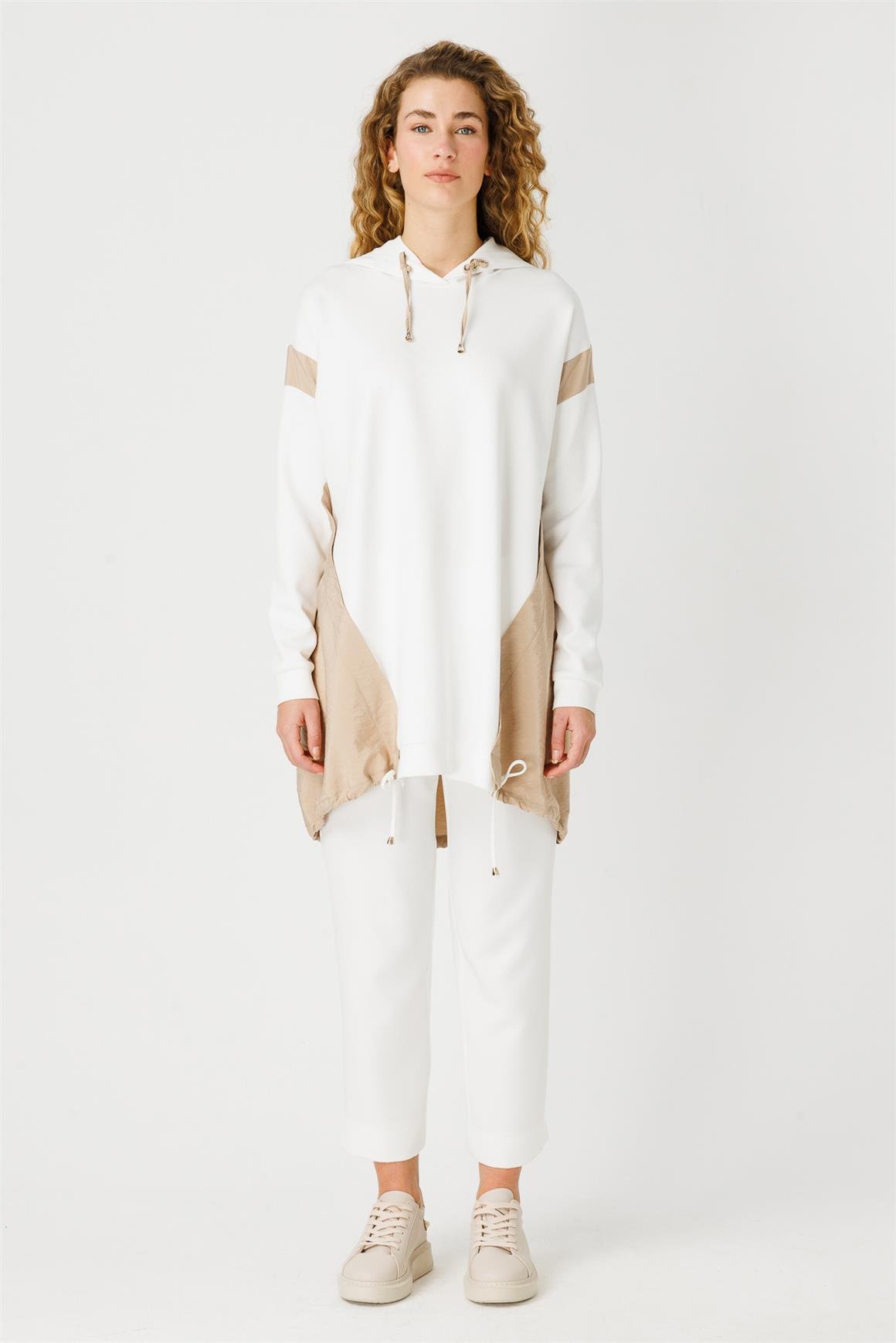 Oysh Kumaş Garnili Kapişonlu Tunik  Ekru