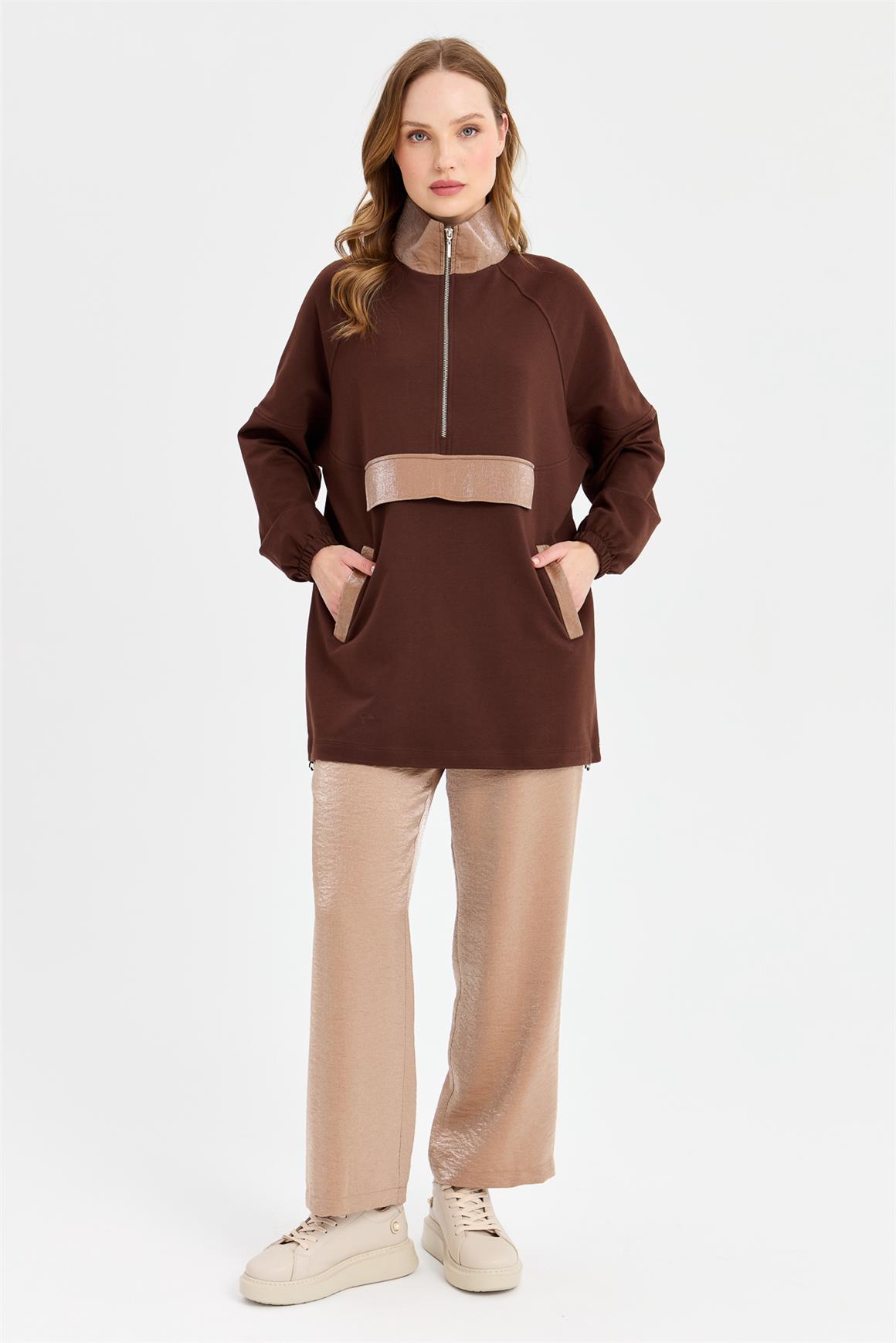 Parlak Garnili Sweatshirt  Kahve