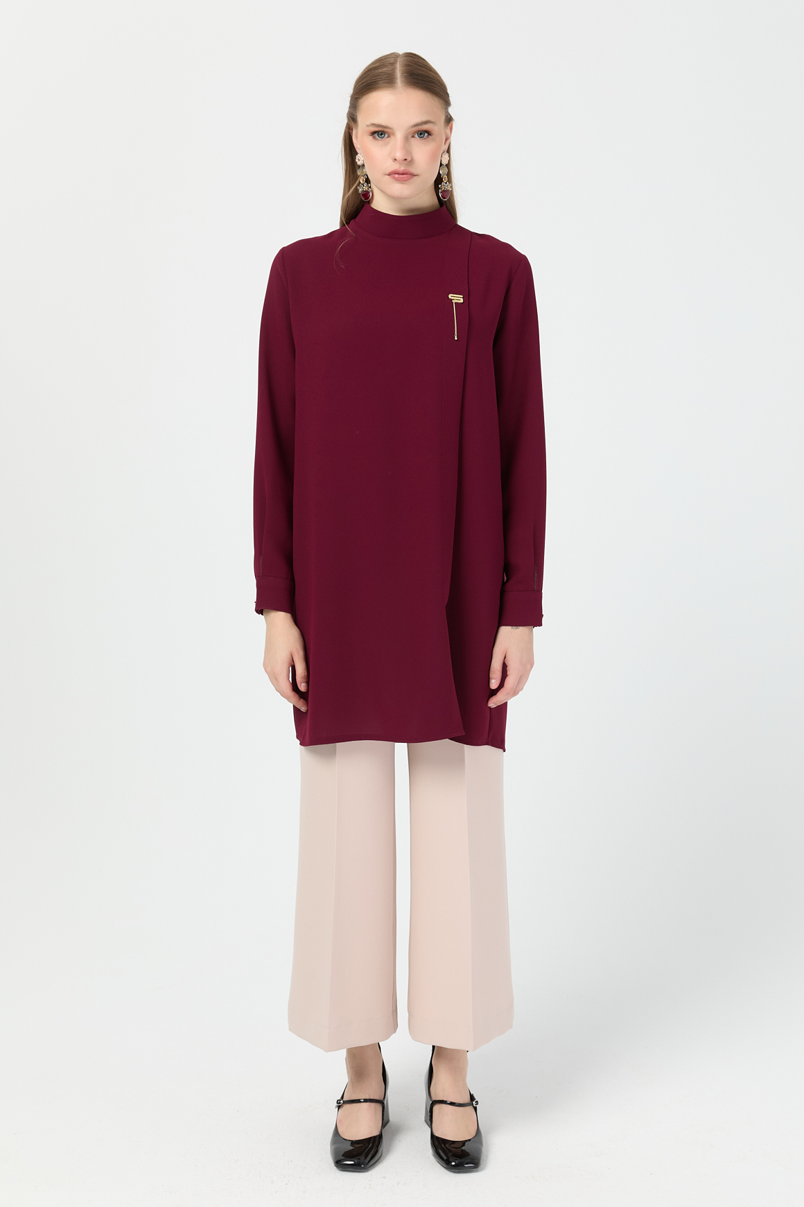Pili Detaylı Tunik  Bordo
