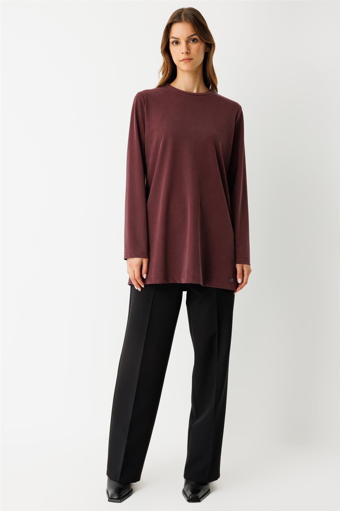 Tencel Kumaş Uzun Kollu Tshirt  Bordo
