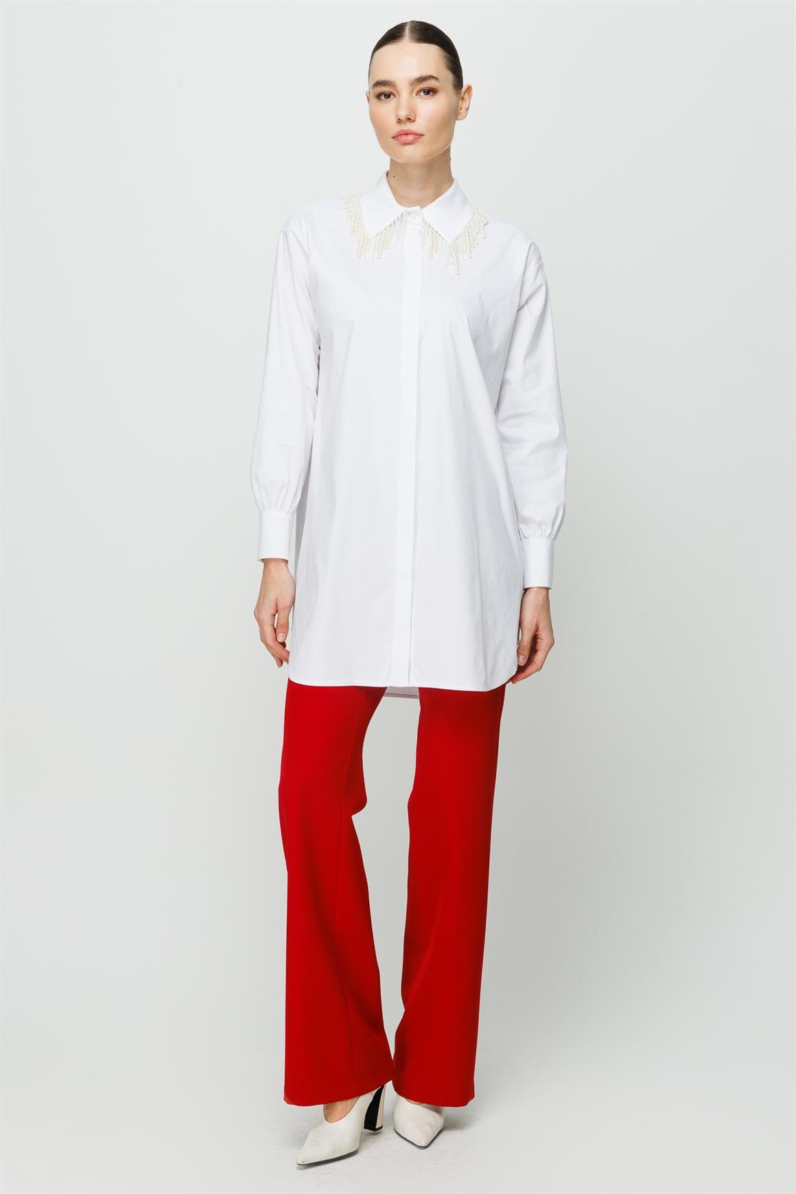Yaka Kenarı İnci Detaylı Pamuk Tunik  Beyaz