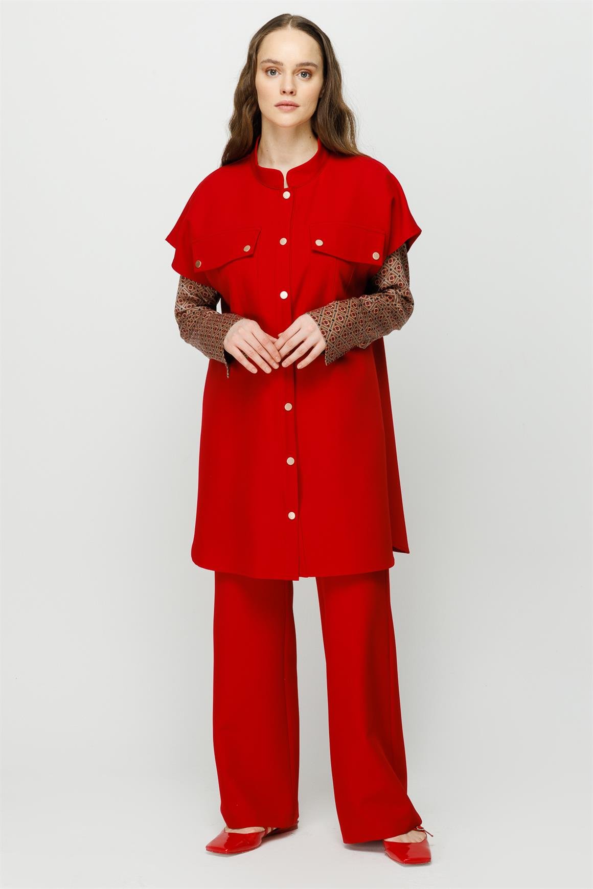 Çıt Çıt Kapamalı Cep Detaylı Yelek Pantolon Takım  Kırmızı