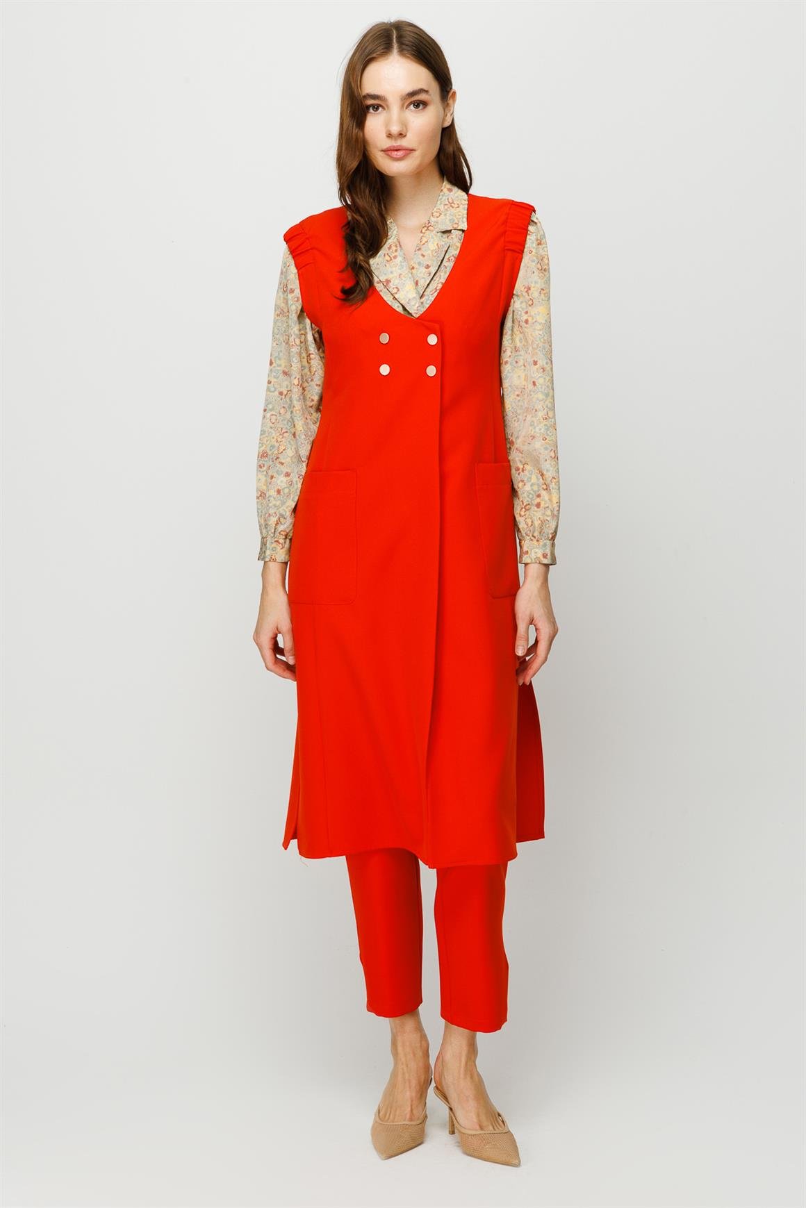 Kruvaze Kapamalı Yelek Pantolon Takım  Oranj
