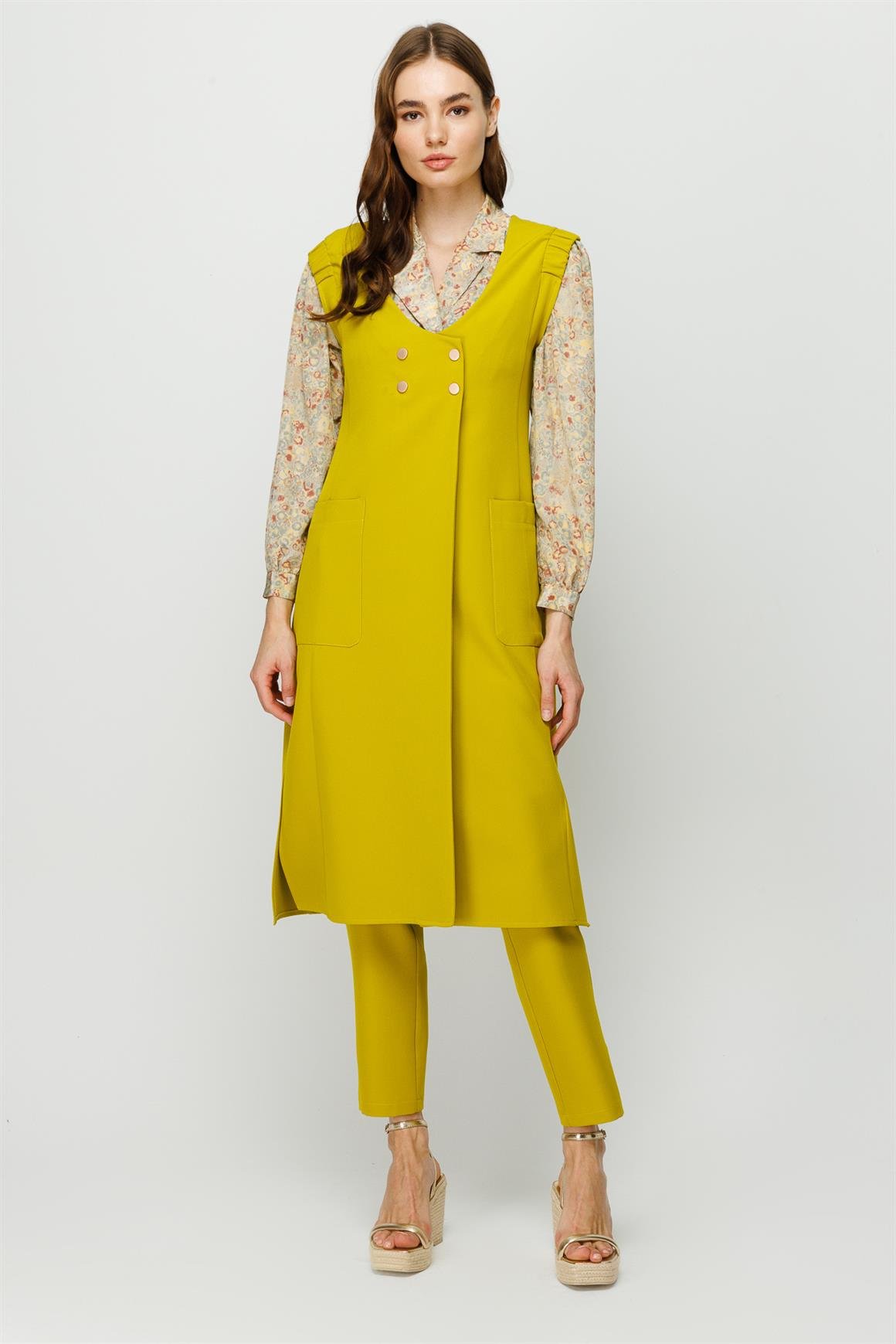 Kruvaze Kapamalı Yelek Pantolon Takım  Fıstık Yeşili