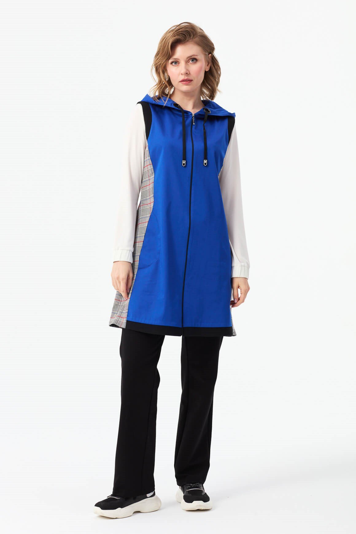 Yanları Ekose Kombinli Ribanalı Yelek  Saks