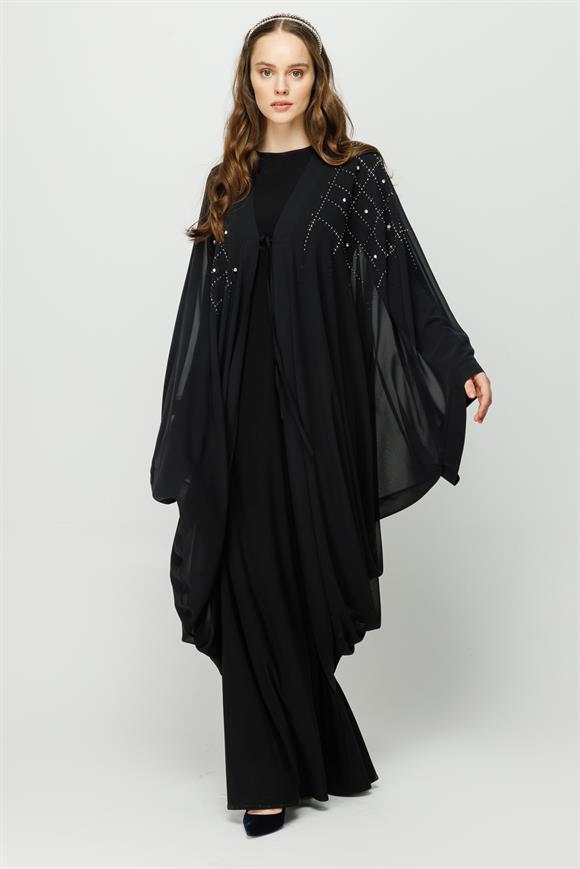 Dökümlü Taş Yapıştırma Detaylı İçi Sandy Dışı Şifon Elbiseli Takım  Siyah