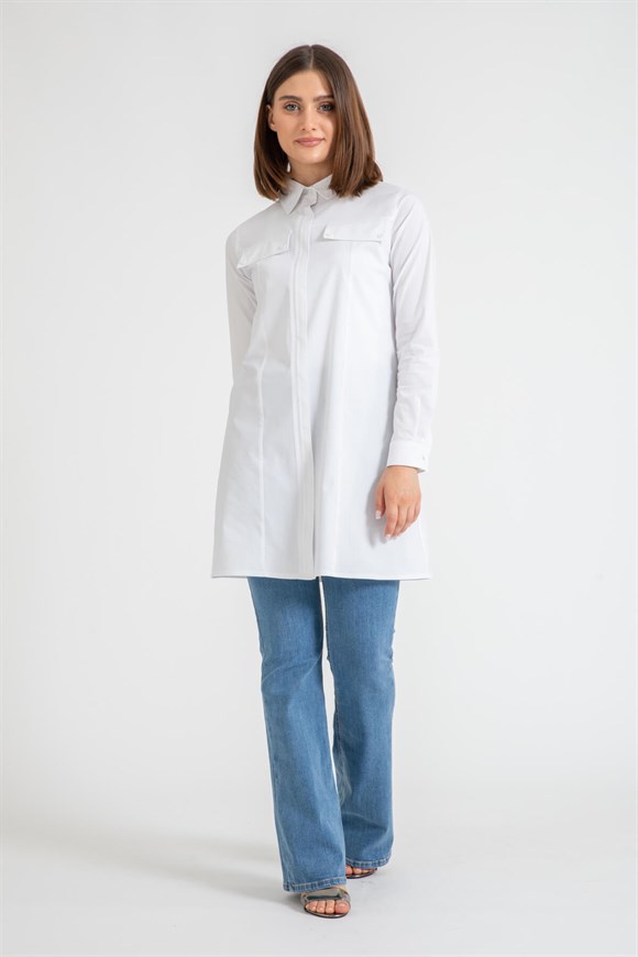 Dikiş Detaylı Cep Kapaklı Koton Gömlek  Beyaz