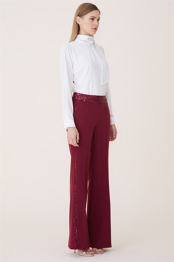 Claret red - Stamp-Sequined Detail Trousers