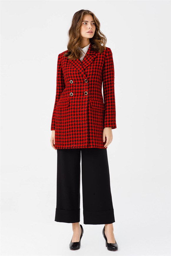 Chanel Kruvaze Ceket Duble Paça Pant Takım  Kırmızı