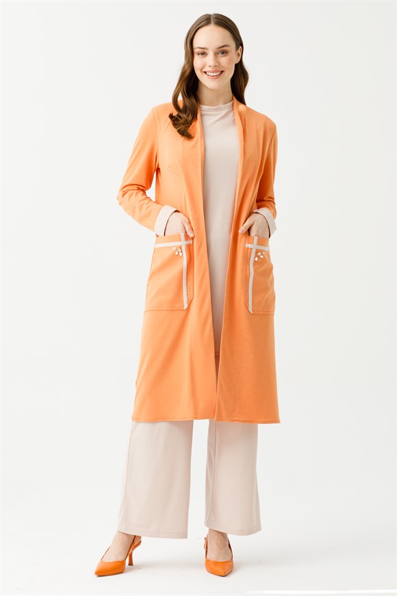 Özel Dokulu Örme Kumaştan Ceb Üzeri Taş İşli İç Tunik Ceket Pantolon Takım  Oranj