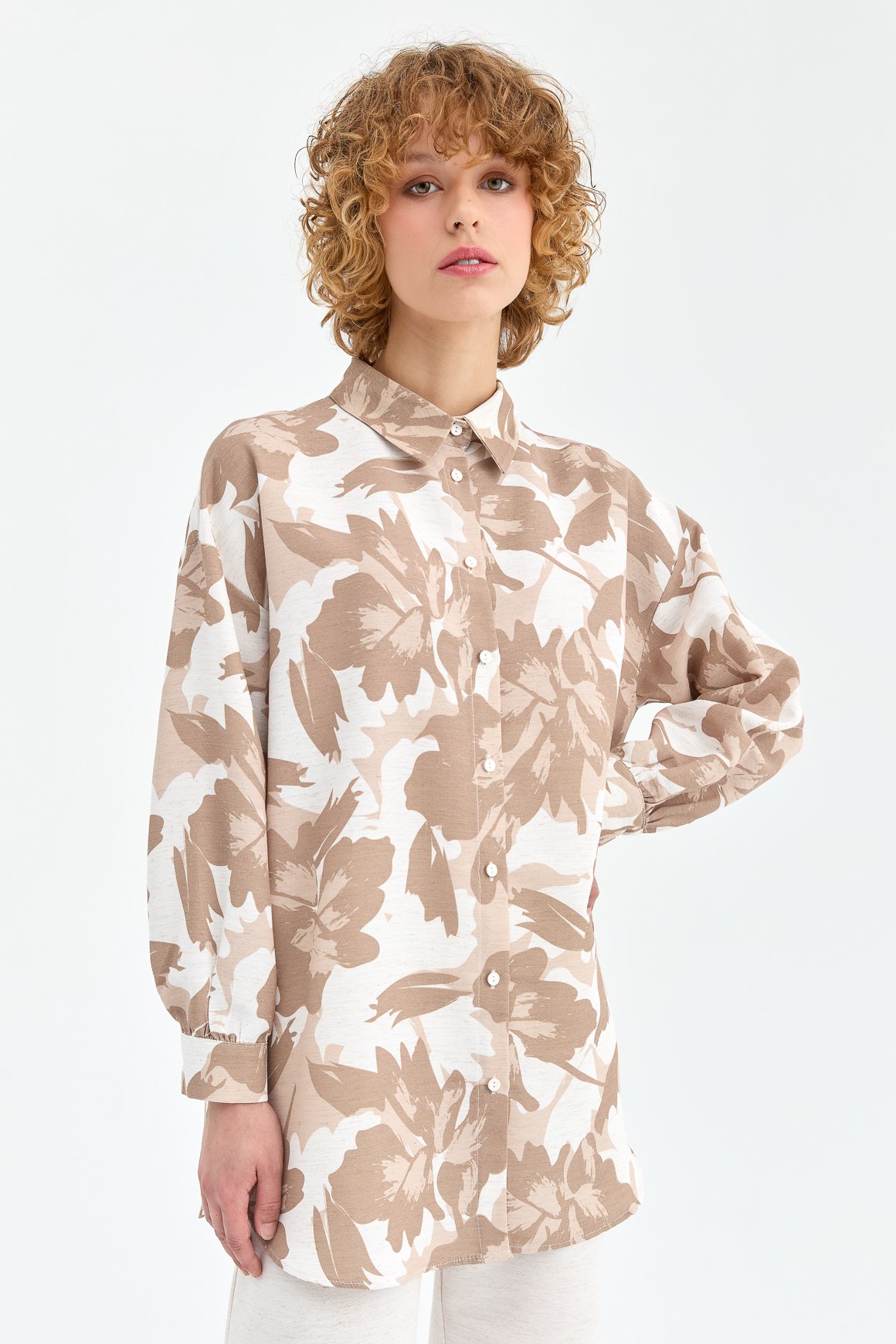 Leaf Patterned, Fresh Fabric Trousers Set - Beige