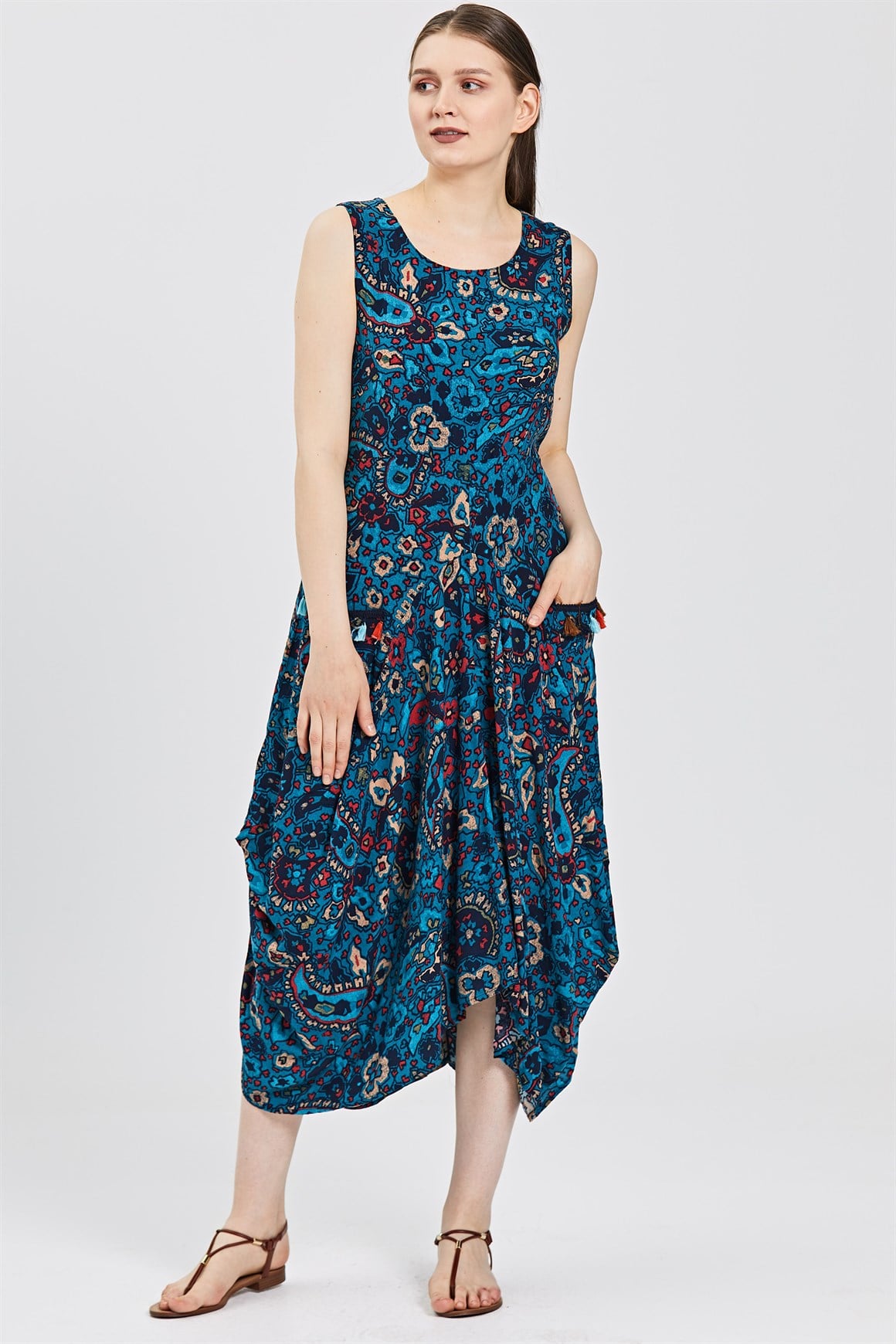 Turkuaz Cepleri Püskül Deteylı Eteği Balon Kolsuz Elbise