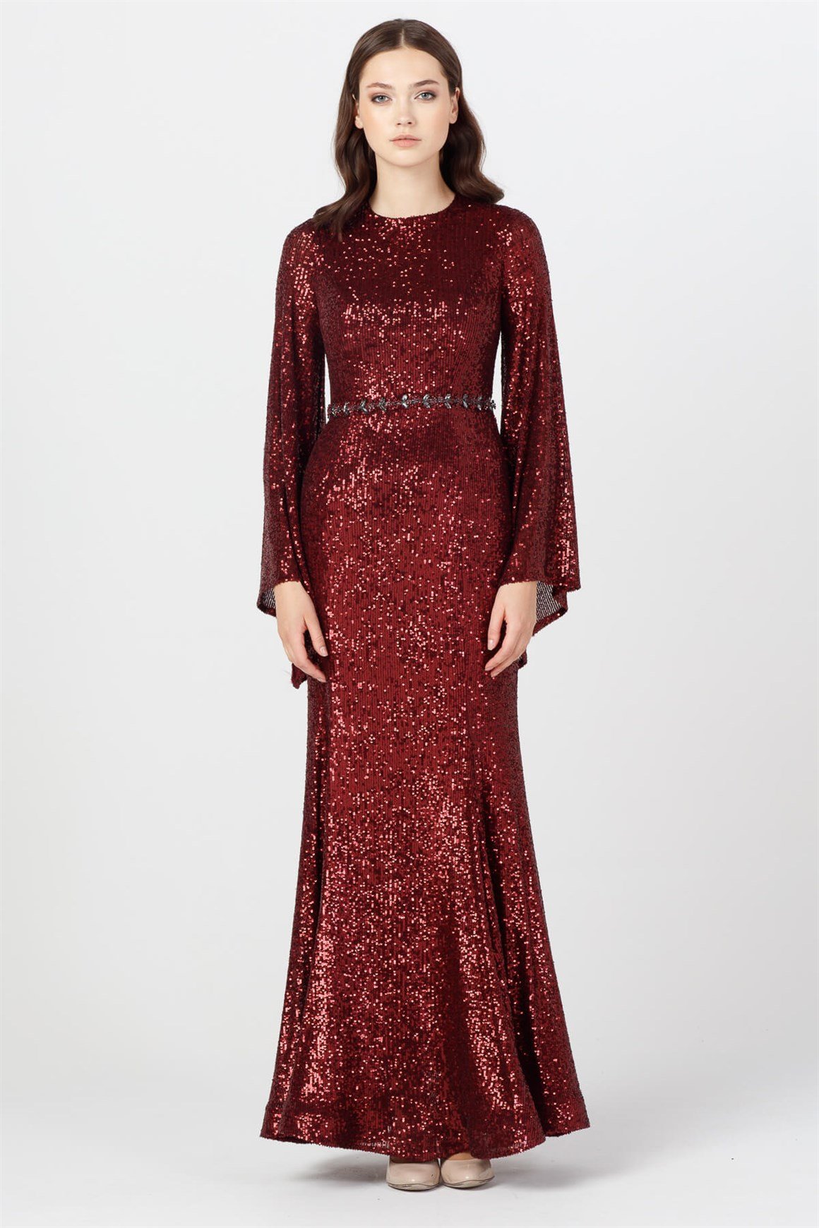 Claret red - Stony Waist and Sequined Evening Dress
