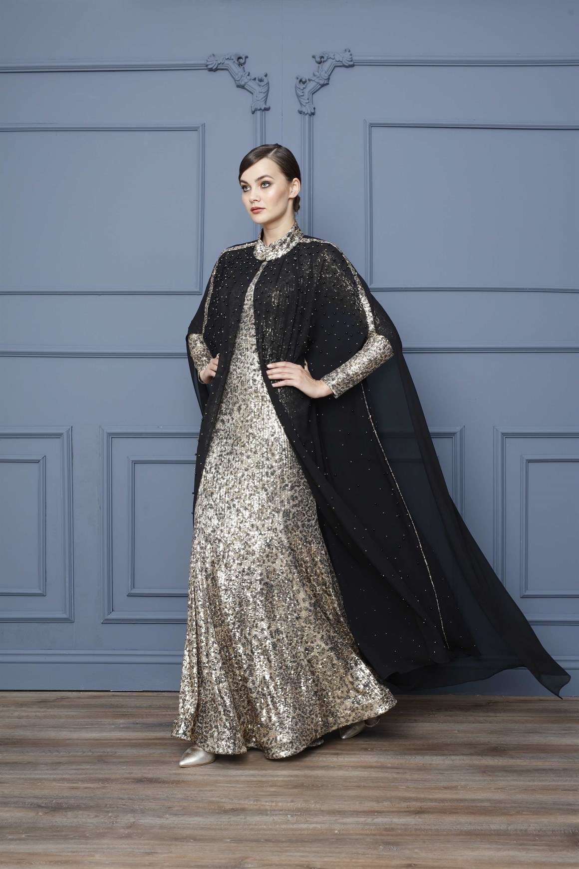Gold - Pelerini Taşlı Pul Payet Abiye Elbise - ESSWAAP