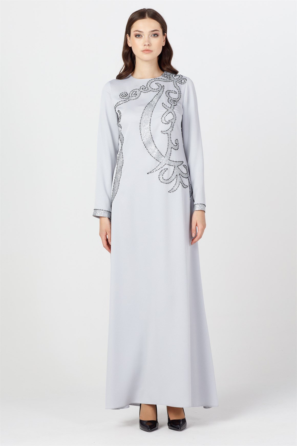 Grey - Evening Dress Front Side Patterned