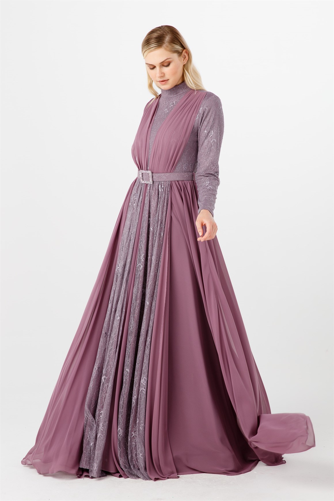 Taş Toka Kemerl, Sifon Ve Dantelden Oluşan Abiye Elbise  Lila · 3