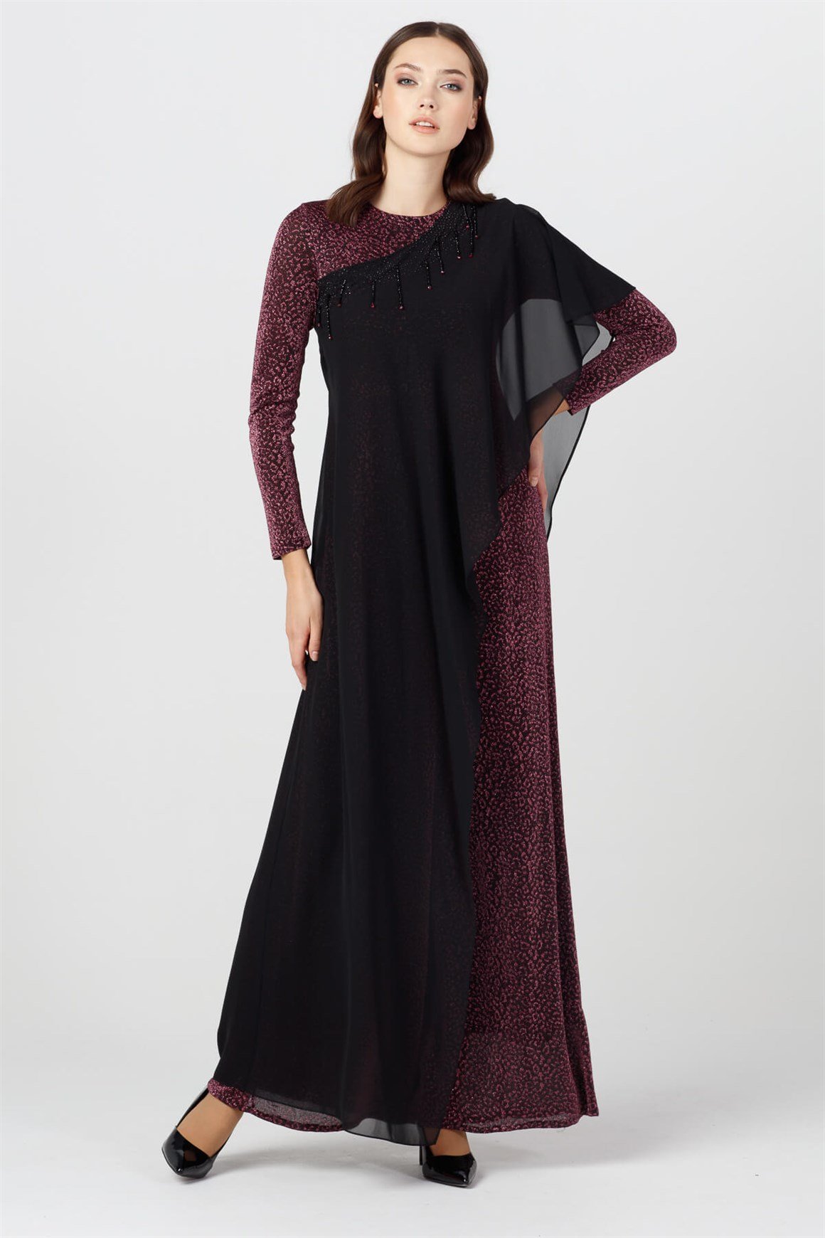 Mürdüm - Simli Desenli Şifon Pelerinli Abiye Tulum