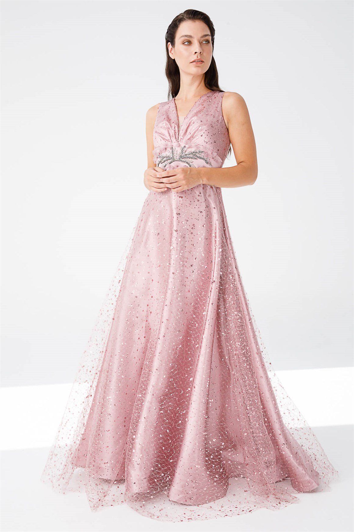 Önü Taş İşli Kiloş Etekli Pul Dantelli Abiye Elbise  Somon