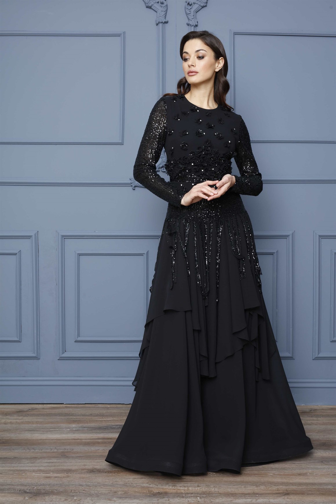 Black - Laser Flowered Sequin-Tasseled Evening Gown - ESSWAAP