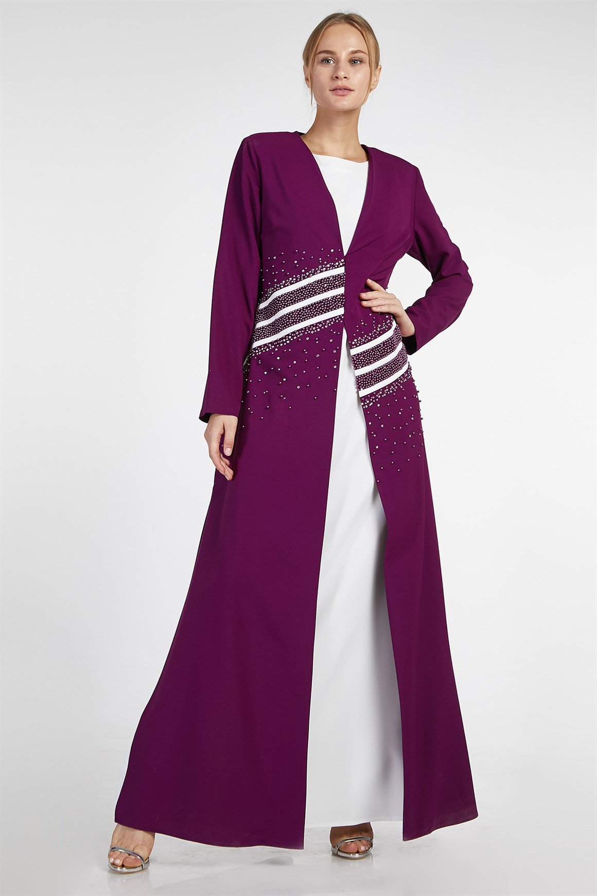Mor - 2'li İçi Elbiseli Ceketi Taşlı Şeritli Abiye Takım