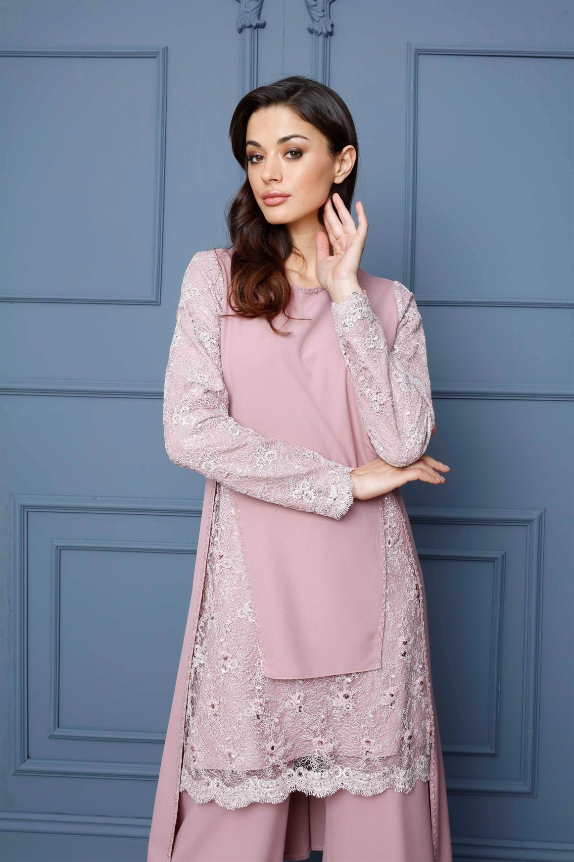 Pudra - 2'li Tunik Kolu Dantelli Pantolonlu Abiye Tunik