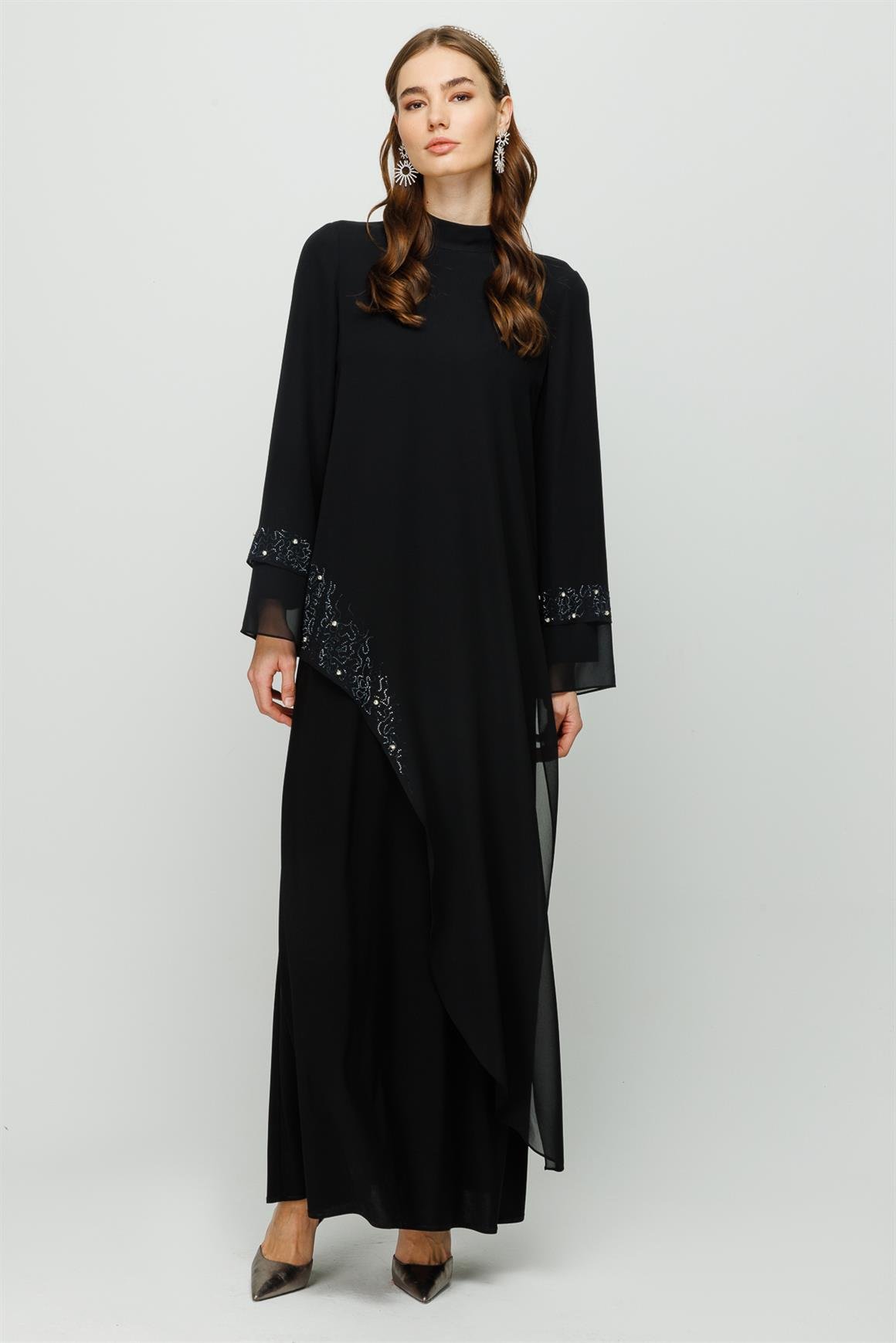 Taş Yapıştırma Detaylı İçi Sandy Dışı Şifon Elbiseli Takım  Siyah