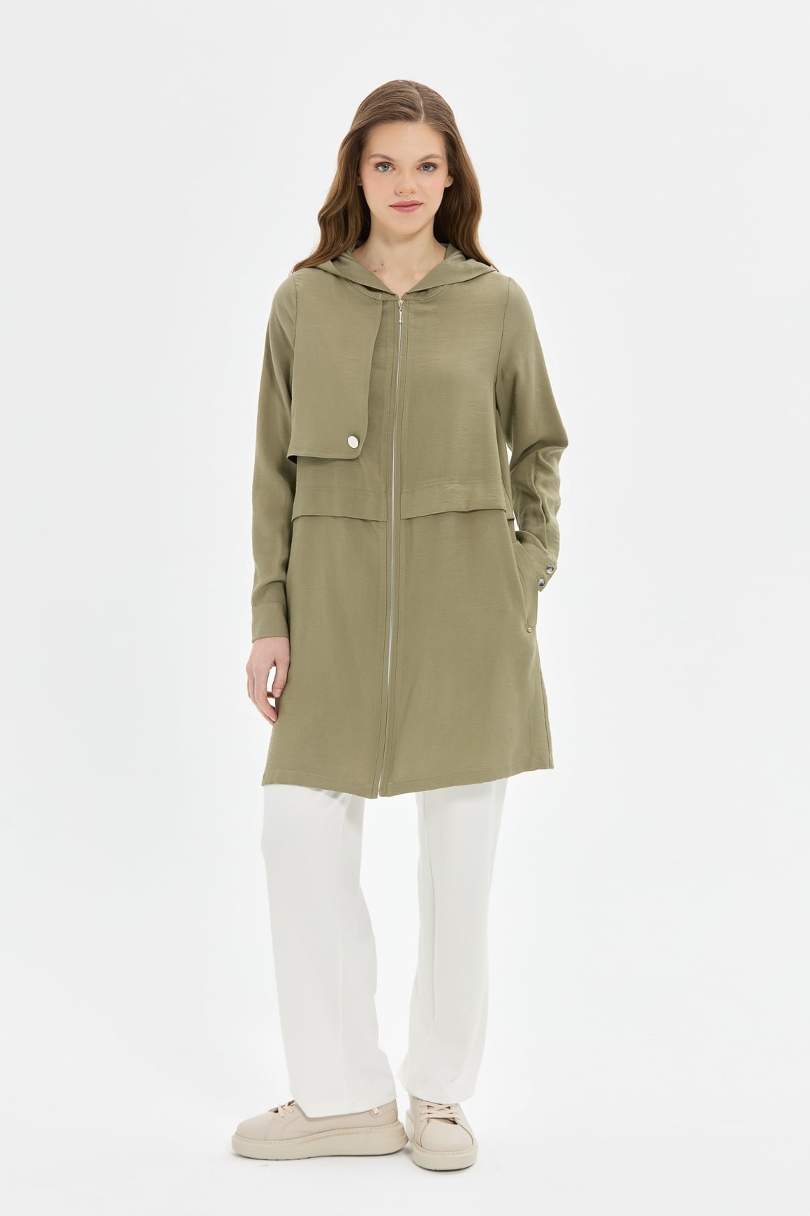 Aller Detailed Hooded Zipper Closure Wear-and-Go Tunic - Khaki