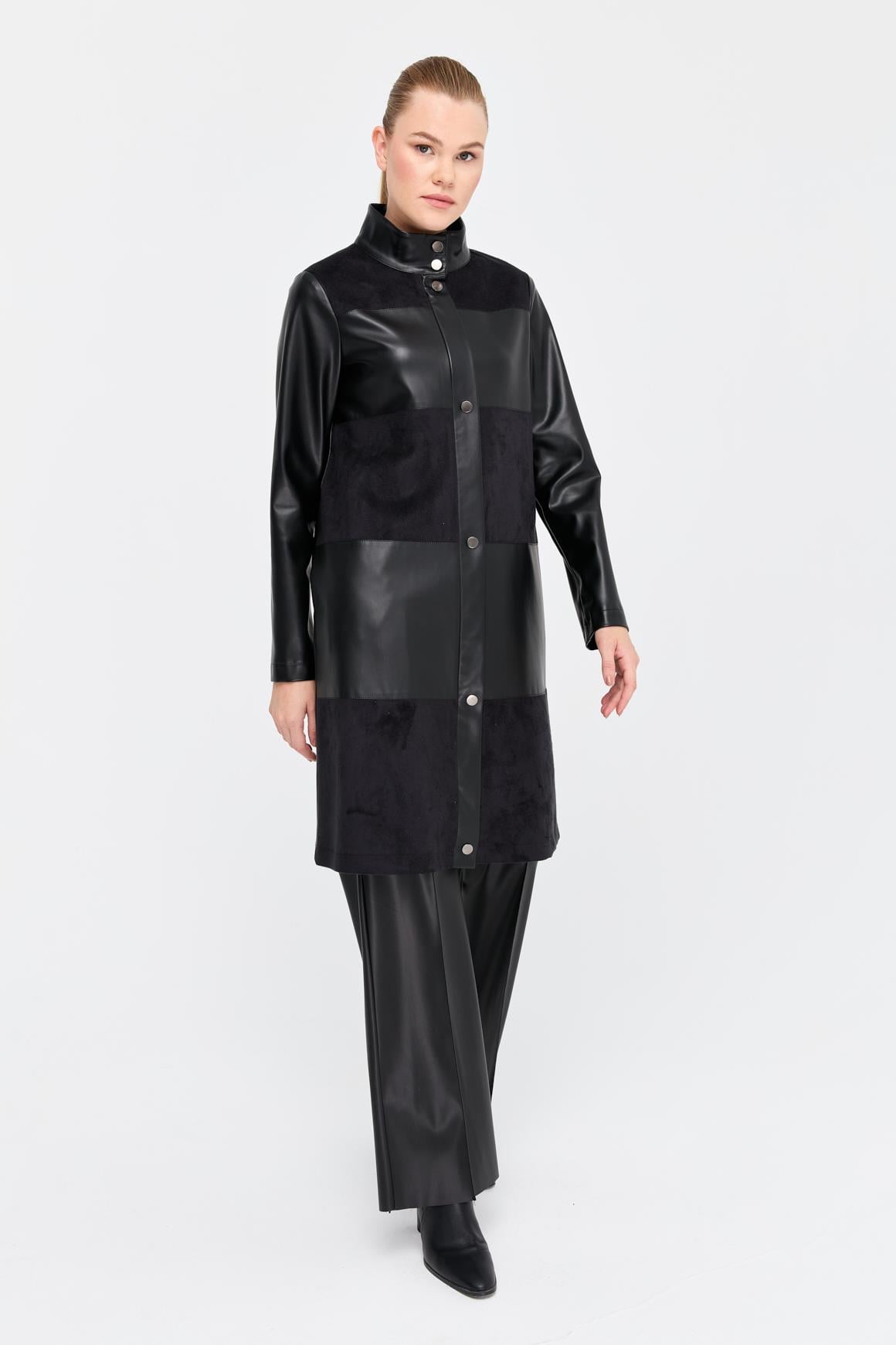 Block Molded Leather Cap Jacket - Black