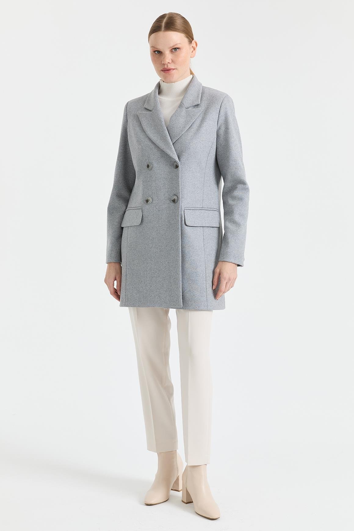 Kruvaze Kapamalı Kaşe Ceket  Gri