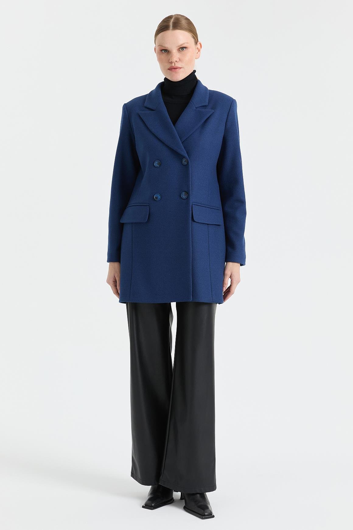 Kruvaze Kapamalı Kaşe Ceket  İndigo