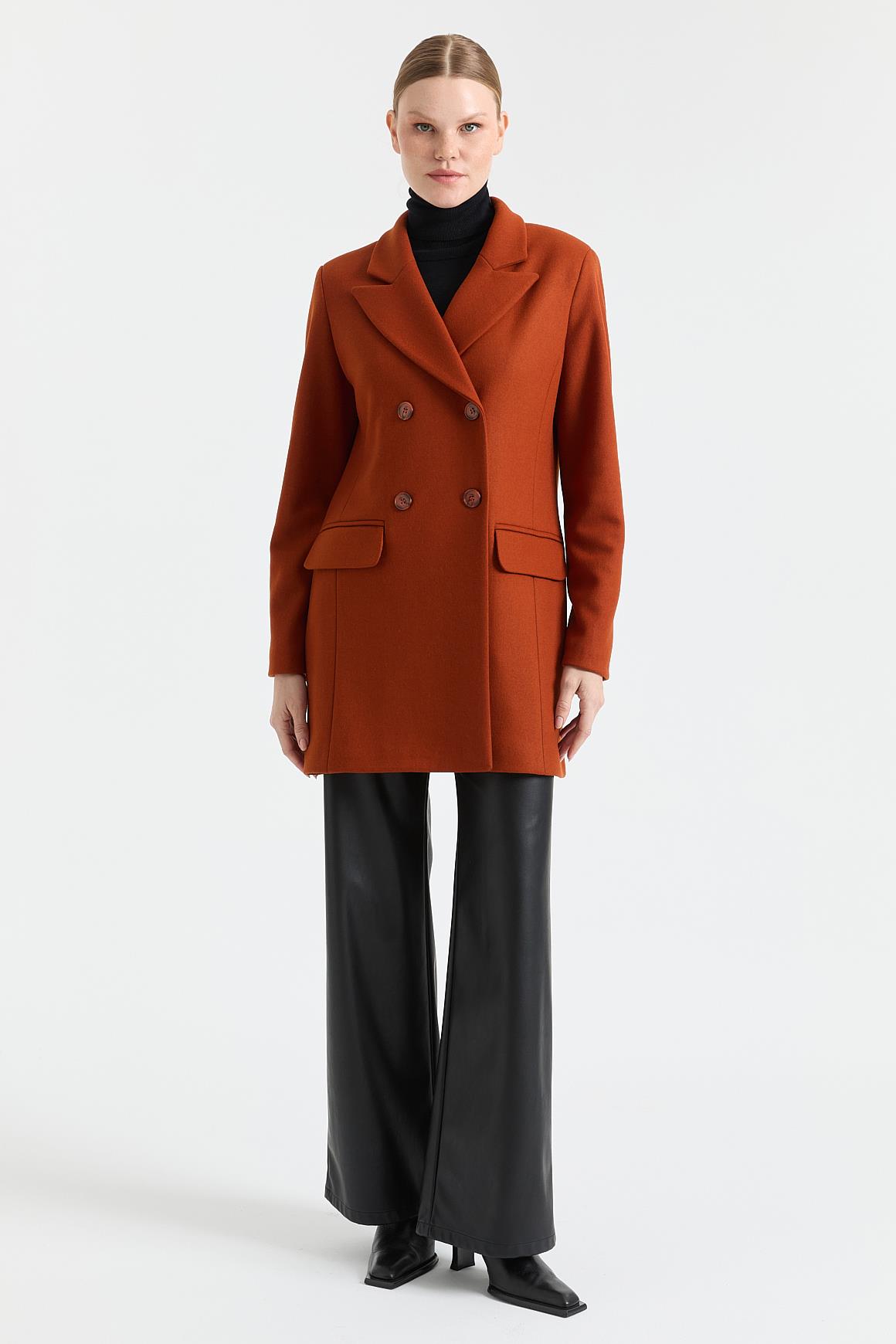 Kruvaze Kapamalı Kaşe Ceket  Oranj