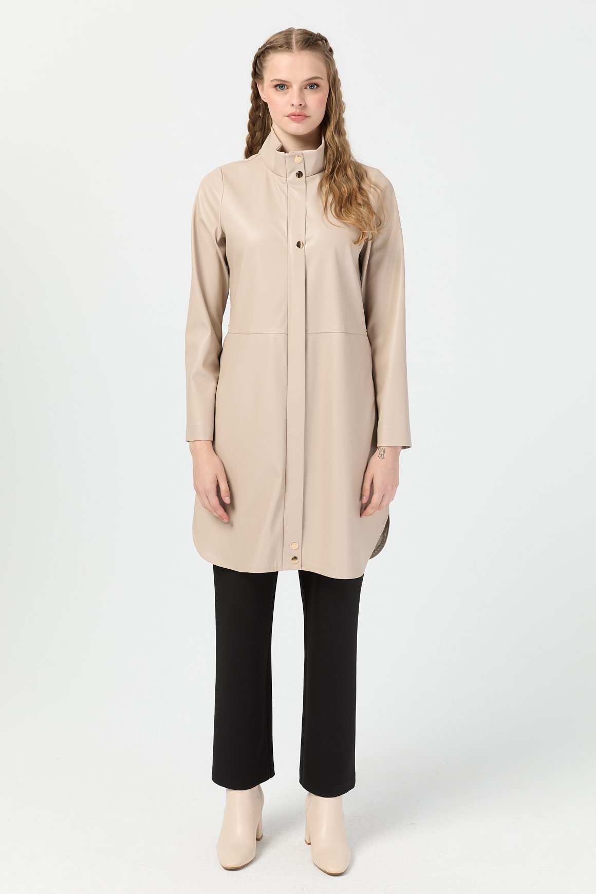 Nubuck Lined Leather Jacket Coat - Beige