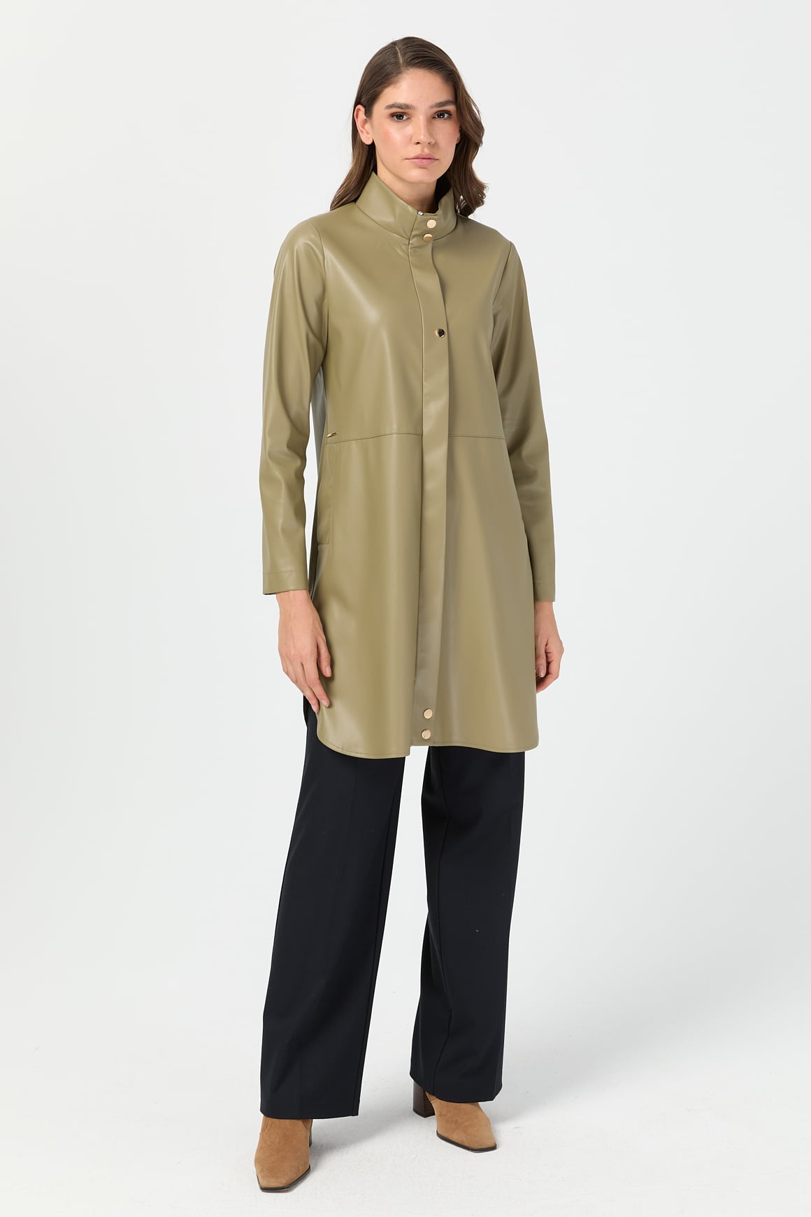 Nubuck Lined Leather Jacket Coat - Khaki