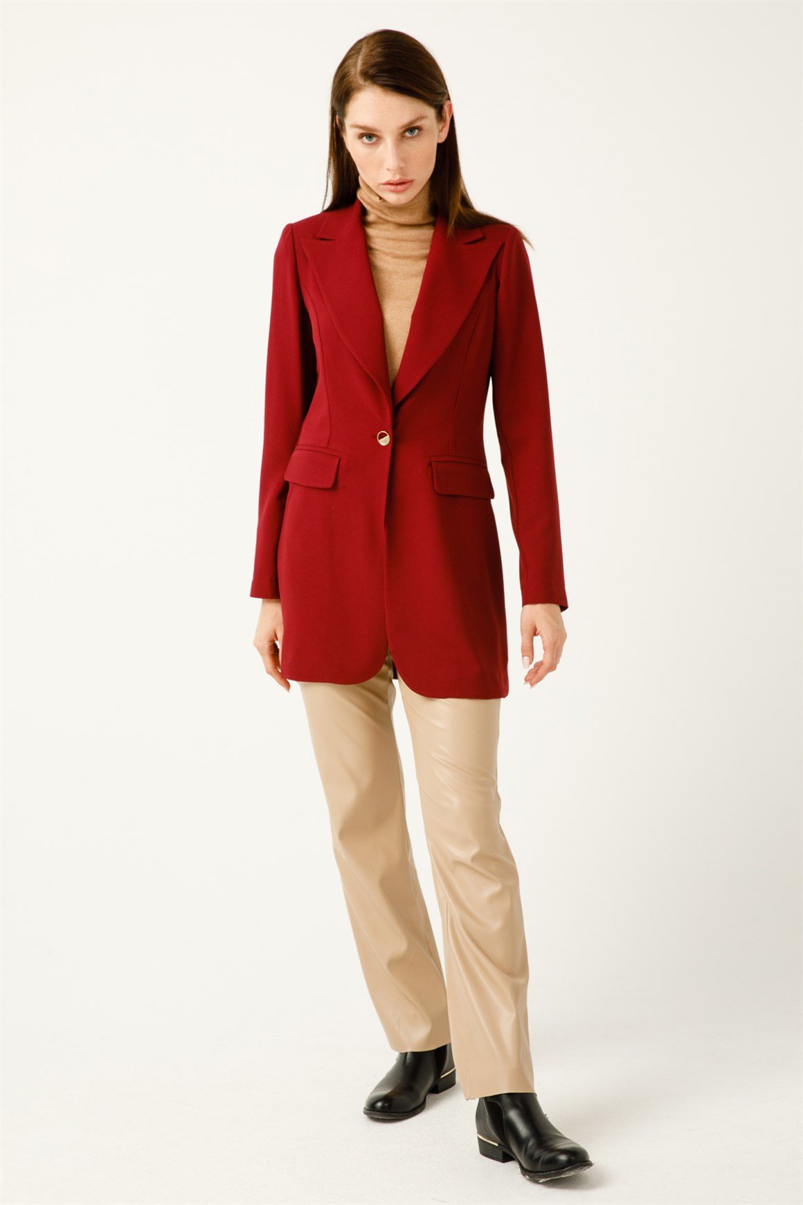 Krep Kumaş Tek Düğmeli Blazer Ceket  Bordo
