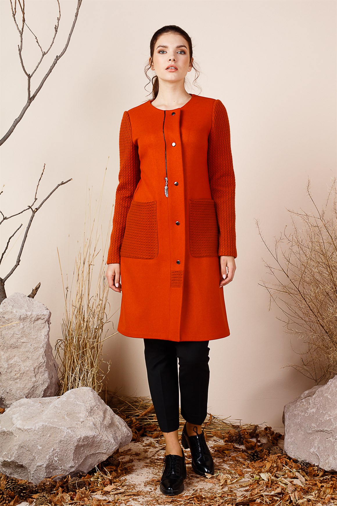 Oranj - Dirseği Patchli Fermuar Detaylı Kaban