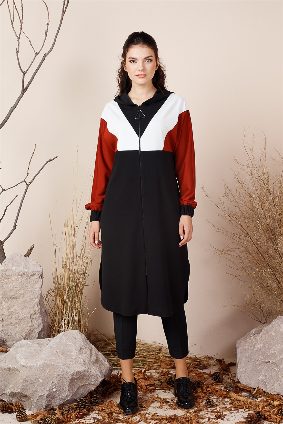 Taba - Manşeti Lastikli Kapişonlu Fermuarlı Spor Giy Çık