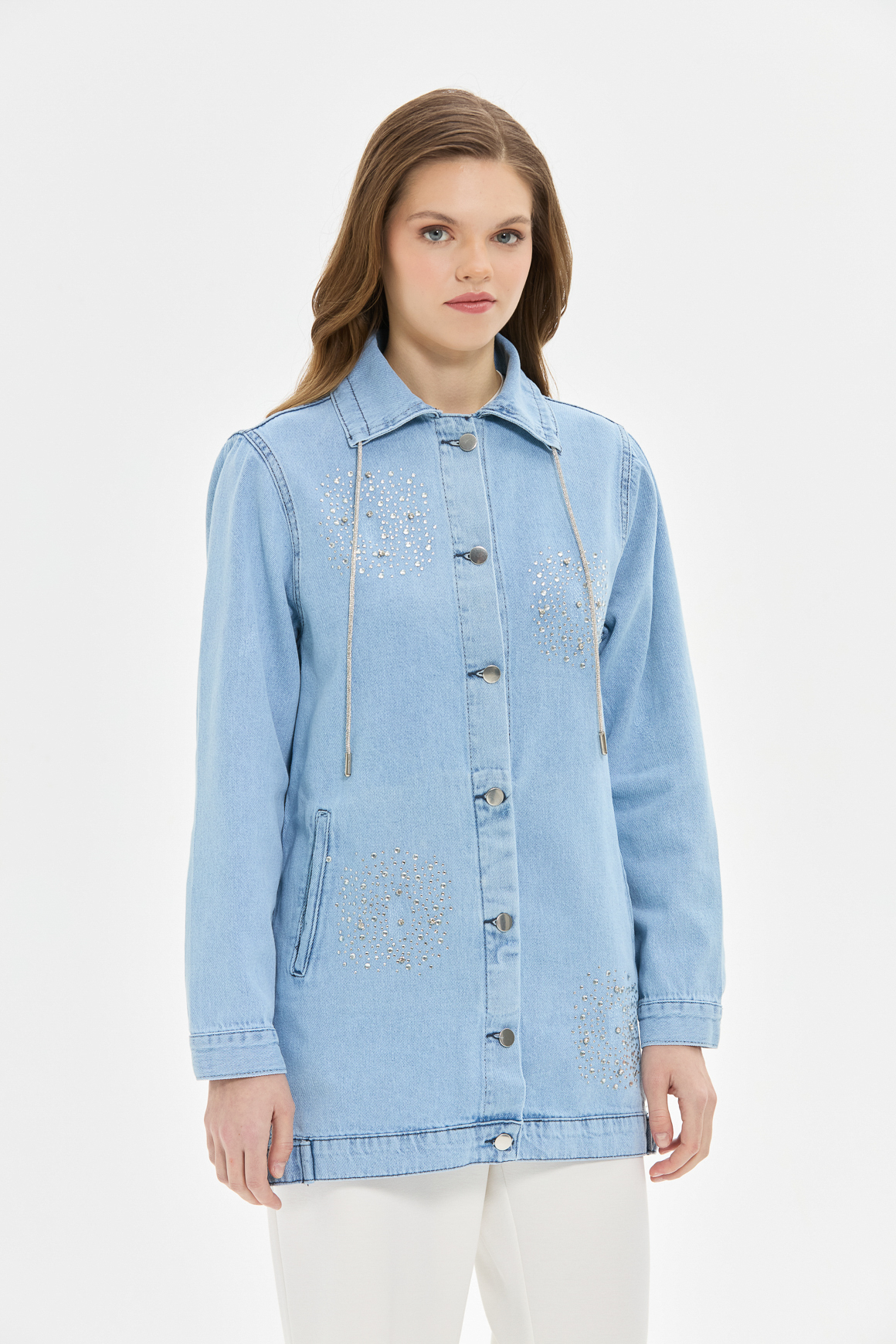 Taş İp Detaylı Çakmalı Kot Ceket  Mavi