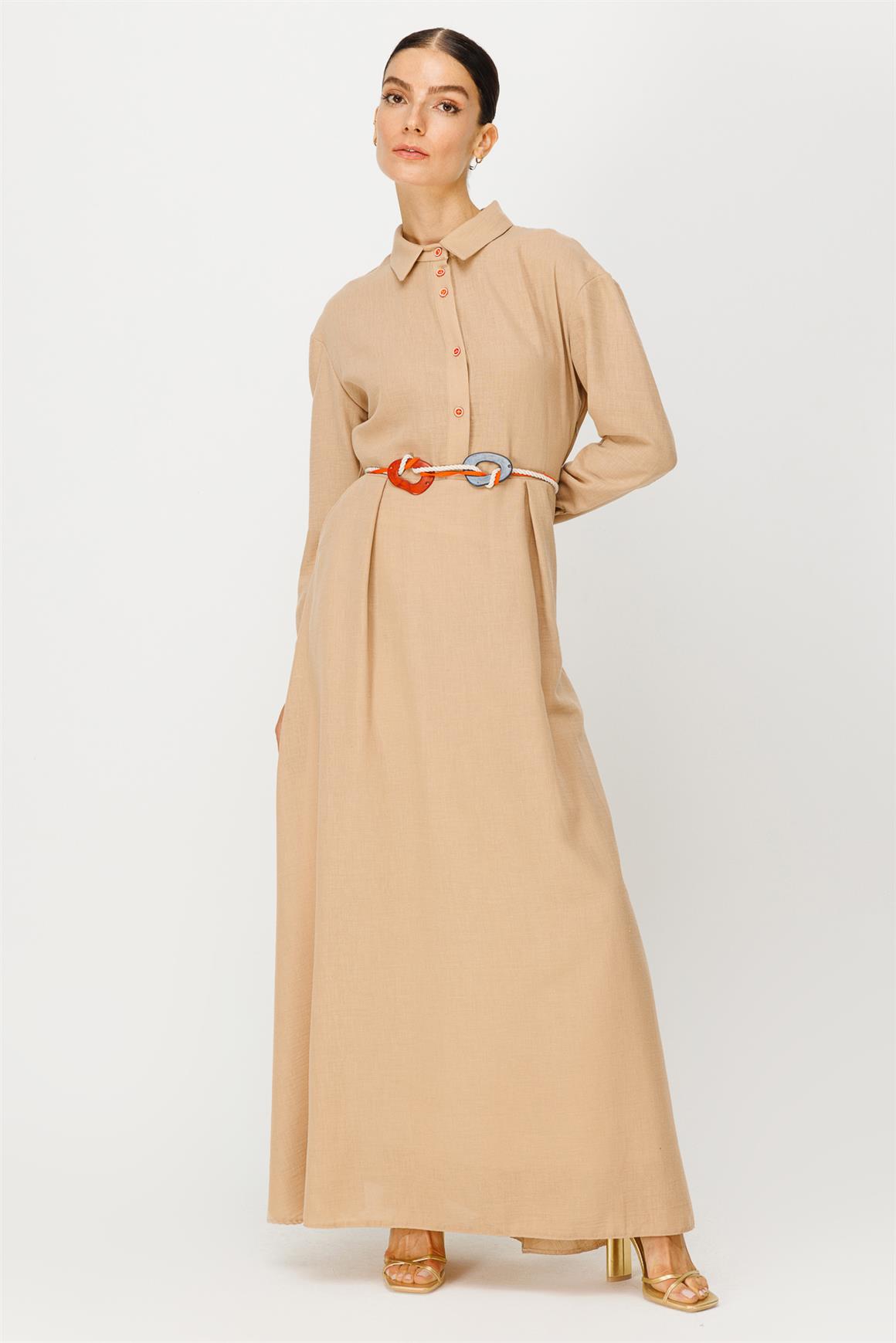 Hasır İp Kemerli Keten Elbise  Camel · 4