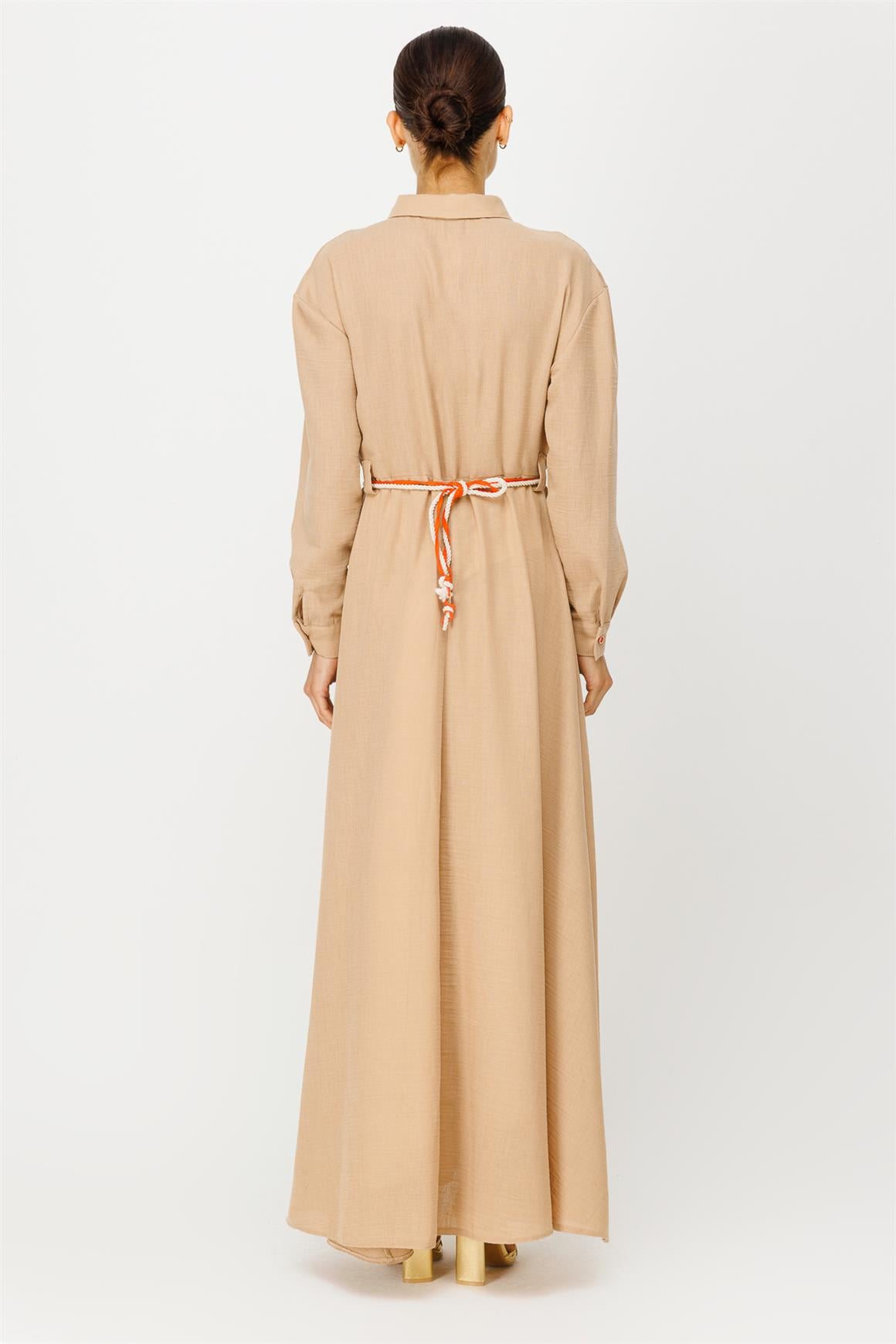 Hasır İp Kemerli Keten Elbise  Camel · 5