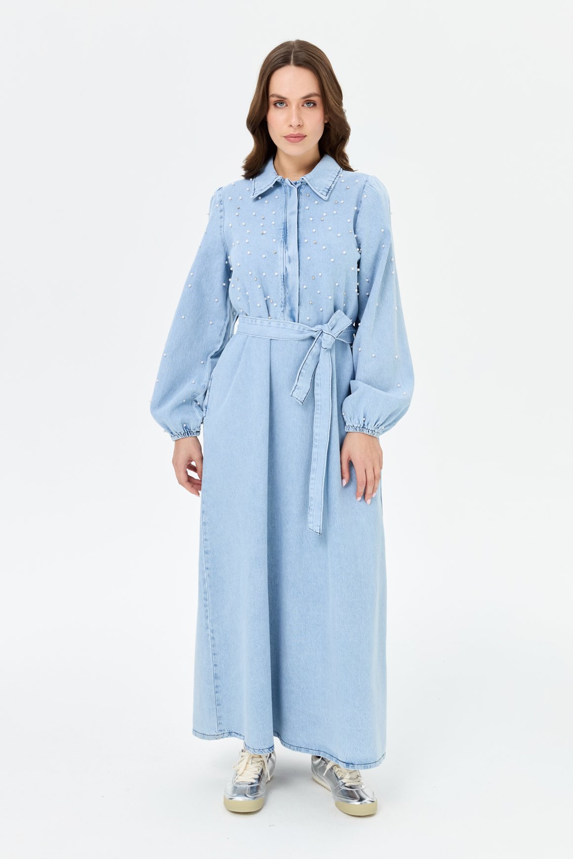 İnci Detaylı Kot Elbise  Mavi