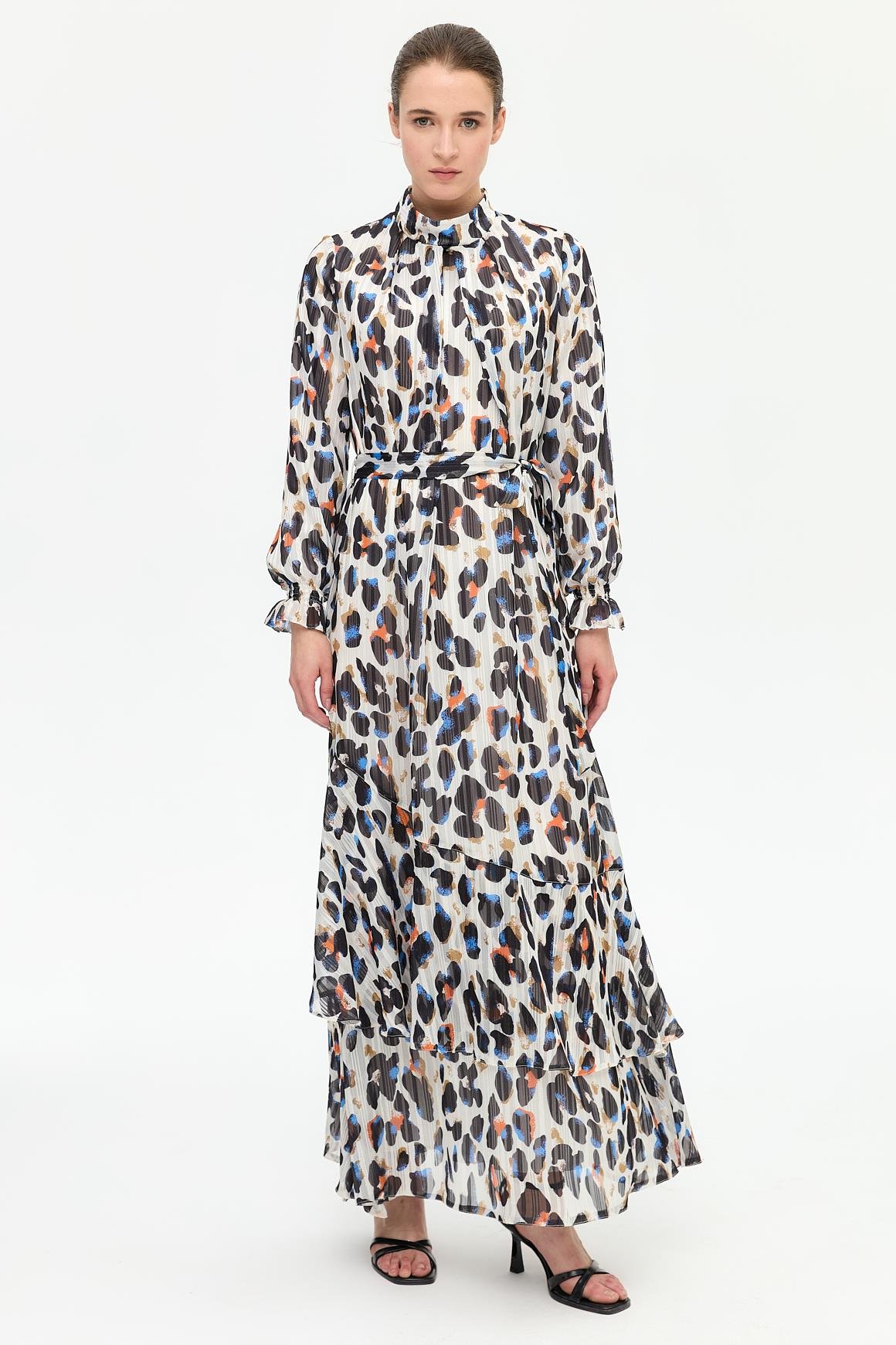 Leke Desenli Empirime Elbise  Ekru