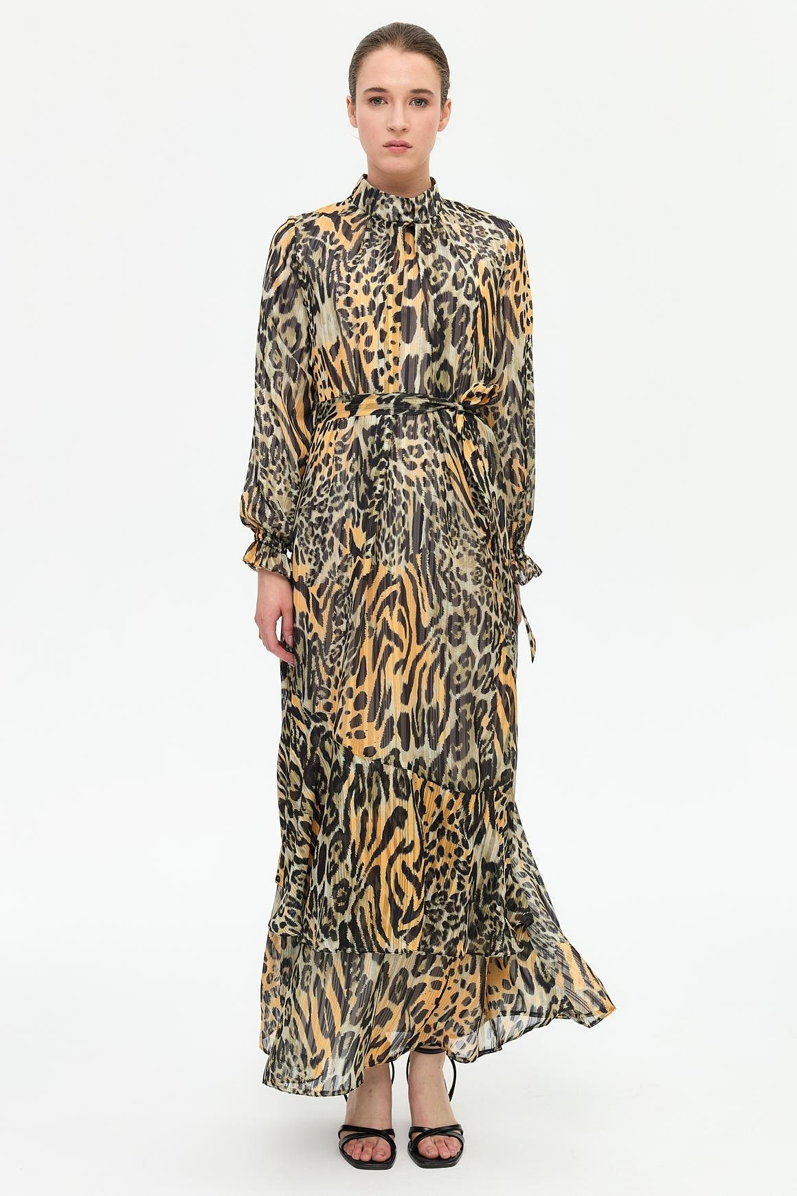 Leopar Desenli Empirime Elbise  Kahve