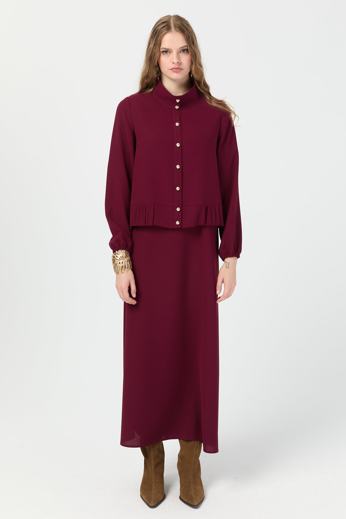 Büzgü Detaylı Elbiseli Takım  Bordo